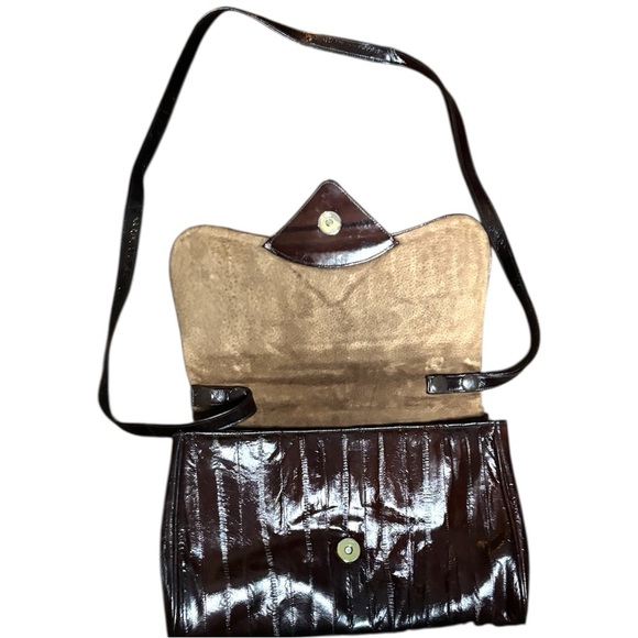 Women’s Vintage Genuine Eel Skin Shoulder Bag Brown Convertible Clutch - Picture 3 of 8